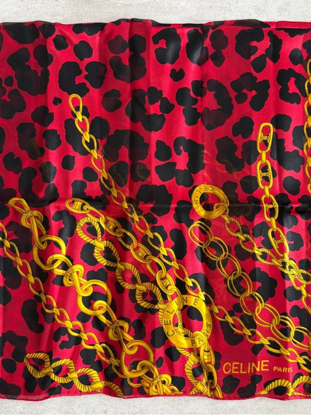 Celine Red & Black Leopard Chain Silk Scarf - Picture 6 of 7